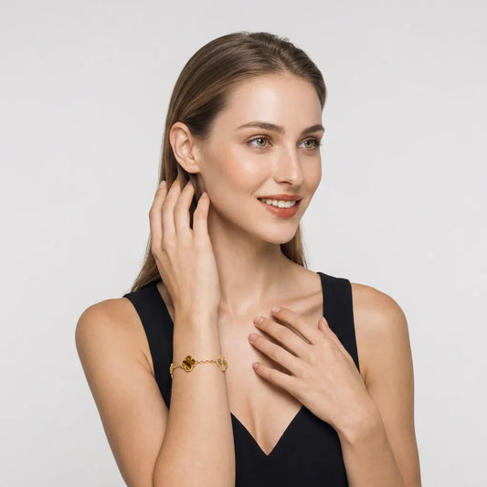 L'amour Four Leaf Clover Bracelet Laser Textured Tiger's Eye Gold