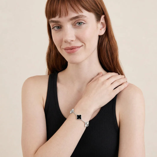 L'amour Four Leaf Clover Bracelet Laser Textured Onyx White Gold