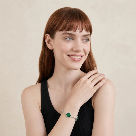 L'amour Four Leaf Clover Bracelet Pure Stone Malachite White Gold