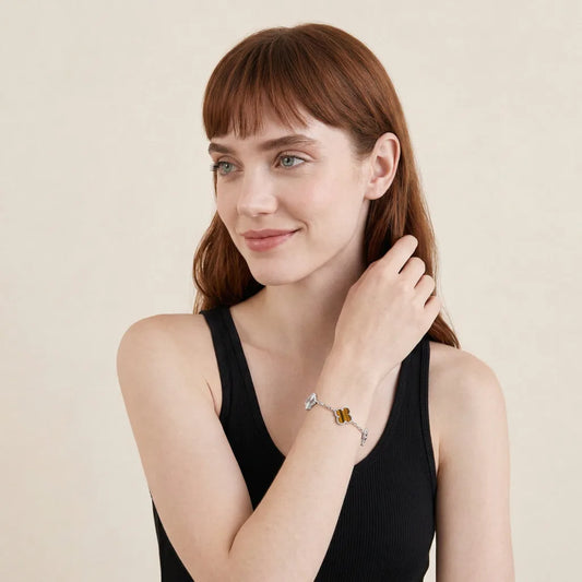L'amour Four Leaf Clover Bracelet Laser Textured Tiger's Eye White Gold