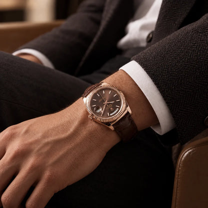 Vandor Day-date Everose Gold President Chocolate Dial Leather Strap Men’s Watch | RL 38 128135