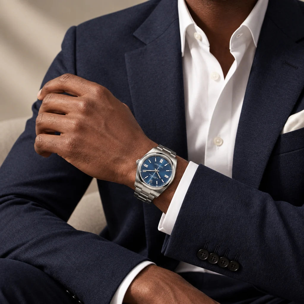 Vandor Oyster Perpetual Bright Blue Dial And Smooth Bezel Watch